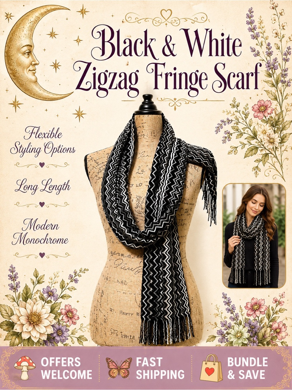 Black & White Zigzag Scarf Fringe Detail 72” Length